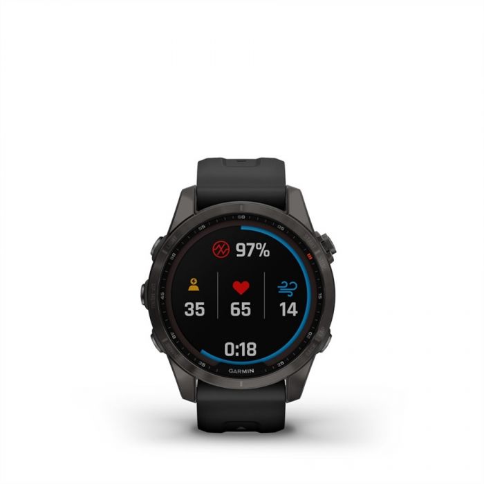 Garmin FENIX 7S SAPPHIRE SZRKE DLC FEKETE SZILIKON SZJJAL (SOLAR)